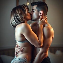 A striking scene featuring a 45-year-old woman with medium-length dark-blond bobcut hair and fair white skin, showcasing her curvaceous figure in elegant lingerie