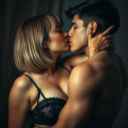 A striking scene featuring a 45-year-old woman with medium-length dark-blond bobcut hair and fair white skin, showcasing her curvaceous figure in elegant lingerie