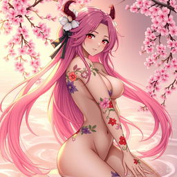 A stunning depiction of Mitsuri Kanroji from Demon Slayer, fully nude but artistically covered with stylized, colorful floral patterns that enhance her beauty while maintaining a tasteful and elegant presentation