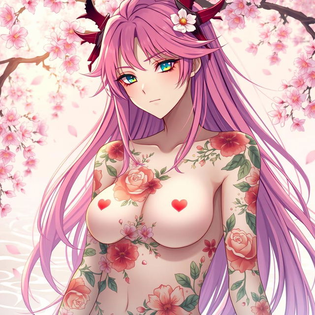 A stunning depiction of Mitsuri Kanroji from Demon Slayer, fully nude but artistically covered with stylized, colorful floral patterns that enhance her beauty while maintaining a tasteful and elegant presentation