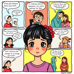 A one-page comic strip depicting a girl whose religious beliefs and practices shape her life