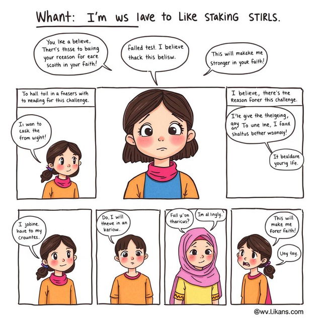 A one-page comic strip depicting a girl whose religious beliefs and practices shape her life