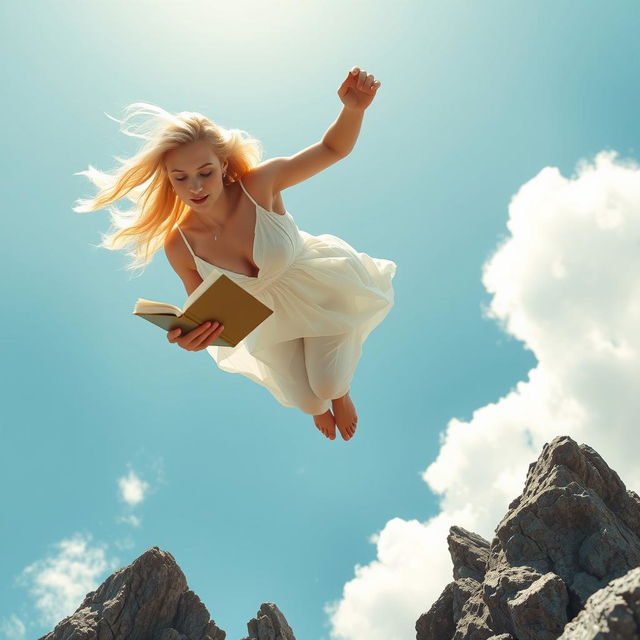 A beautiful blonde woman with flowing hair, dressed in a flowing white dress, plummeting gracefully from the bright blue sky towards jagged rocks below