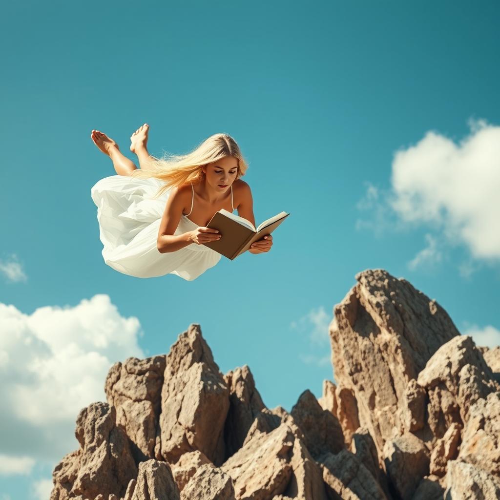 A beautiful blonde woman with flowing hair, dressed in a flowing white dress, plummeting gracefully from the bright blue sky towards jagged rocks below