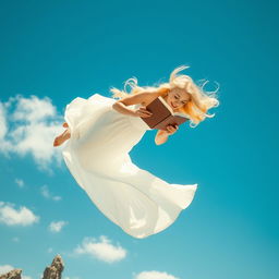 A beautiful blonde woman with flowing hair, dressed in a flowing white dress, plummeting gracefully from the bright blue sky towards jagged rocks below