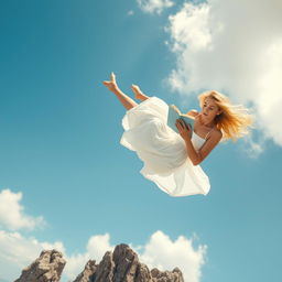 A beautiful blonde woman with flowing hair, dressed in a flowing white dress, plummeting gracefully from the bright blue sky towards jagged rocks below