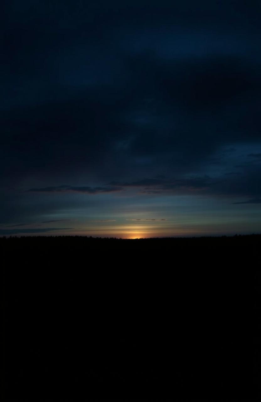 A dramatic dusky sky dominates the background, shifting from deep indigo to faint hints of a rising sun, symbolizing hope amid despair