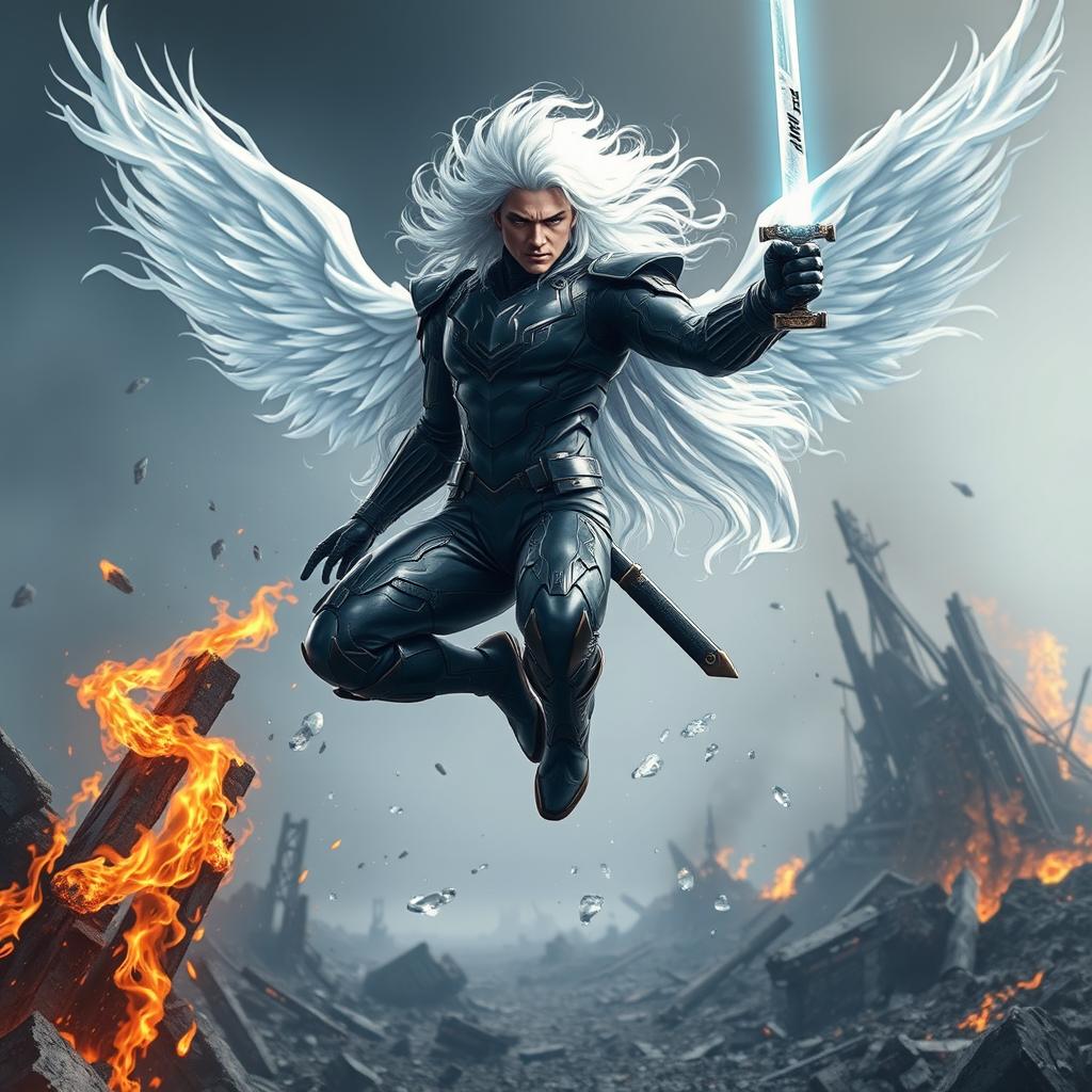 A powerful man with hair as white as freshly fallen snow, floating in mid-air