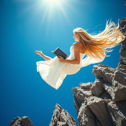 A beautiful blonde woman with long flowing hair dramatically plummeting from a bright blue sky towards jagged rocks below, engrossed in reading a book