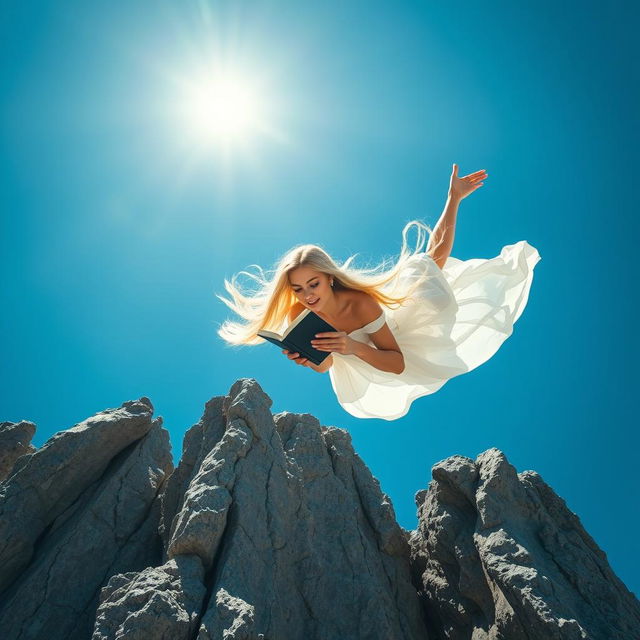 A beautiful blonde woman with long flowing hair dramatically plummeting from a bright blue sky towards jagged rocks below, engrossed in reading a book