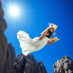 A beautiful blonde woman with long flowing hair dramatically plummeting from a bright blue sky towards jagged rocks below, engrossed in reading a book