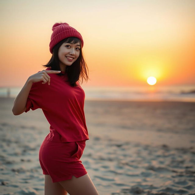 A beautiful young Asian woman wearing a red t-shirt, shorts, and a beanie, standing in a full-body pose