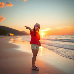 A beautiful young Asian woman wearing a red t-shirt, shorts, and a beanie, standing in a full-body pose
