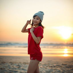 A beautiful young Asian woman wearing a red t-shirt, shorts, and a beanie, standing in a full-body pose