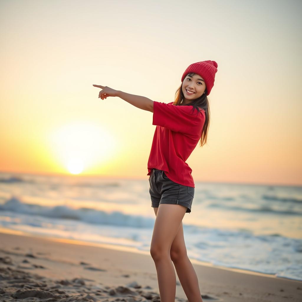 A beautiful young Asian woman wearing a red t-shirt, shorts, and a beanie, standing in a full-body pose