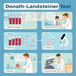 A detailed illustration representing the step-by-step procedures of the Donath-Landsteiner Test, which is a method used to diagnose paroxysmal cold hemoglobinuria