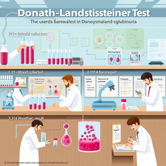 A detailed illustration representing the step-by-step procedures of the Donath-Landsteiner Test, which is a method used to diagnose paroxysmal cold hemoglobinuria