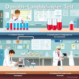 A detailed illustration representing the step-by-step procedures of the Donath-Landsteiner Test, which is a method used to diagnose paroxysmal cold hemoglobinuria