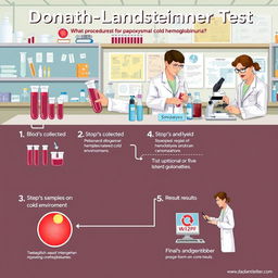 A detailed illustration representing the step-by-step procedures of the Donath-Landsteiner Test, which is a method used to diagnose paroxysmal cold hemoglobinuria