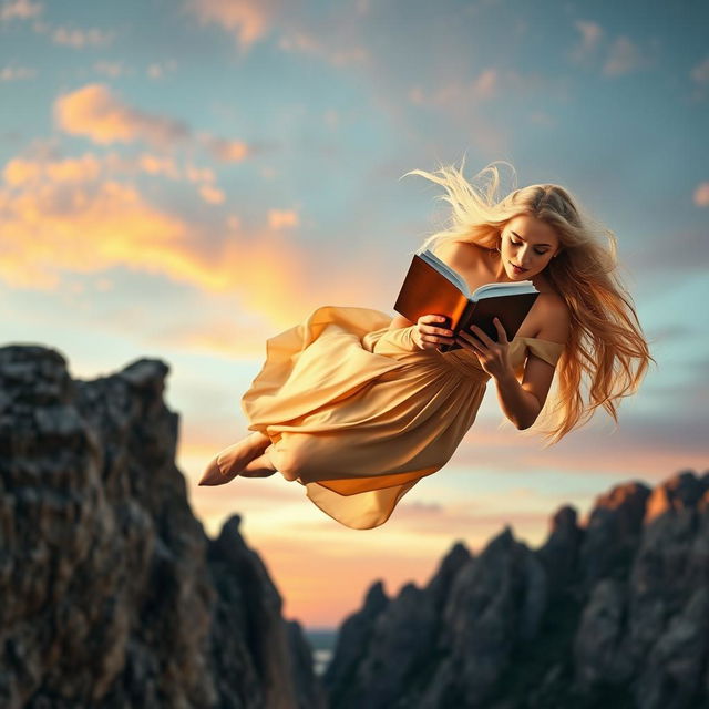 A stunning blonde woman with long flowing hair and an elegant dress is captured mid-air as she plummets off a high cliff