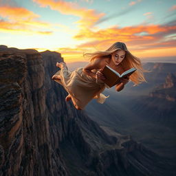 A stunning blonde woman with long flowing hair and an elegant dress is captured mid-air as she plummets off a high cliff