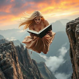 A stunning blonde woman with long flowing hair and an elegant dress is captured mid-air as she plummets off a high cliff