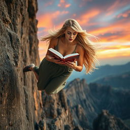 A stunning blonde woman with long flowing hair and an elegant dress is captured mid-air as she plummets off a high cliff