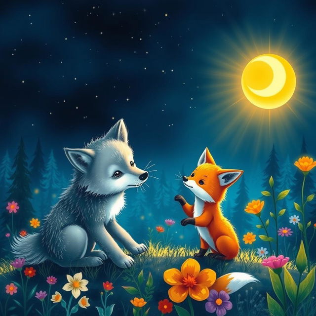 A whimsical scene depicting a nighttime setting where a young wolf cub playfully interacts with a daylight fox cub