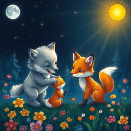 A whimsical scene depicting a nighttime setting where a young wolf cub playfully interacts with a daylight fox cub