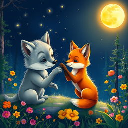 A whimsical scene depicting a nighttime setting where a young wolf cub playfully interacts with a daylight fox cub