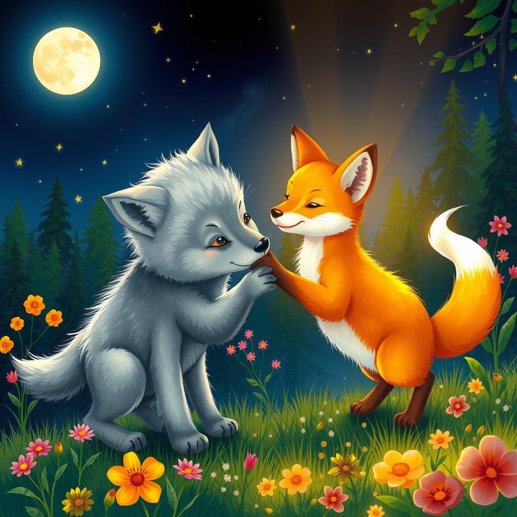 A whimsical scene depicting a nighttime setting where a young wolf cub playfully interacts with a daylight fox cub