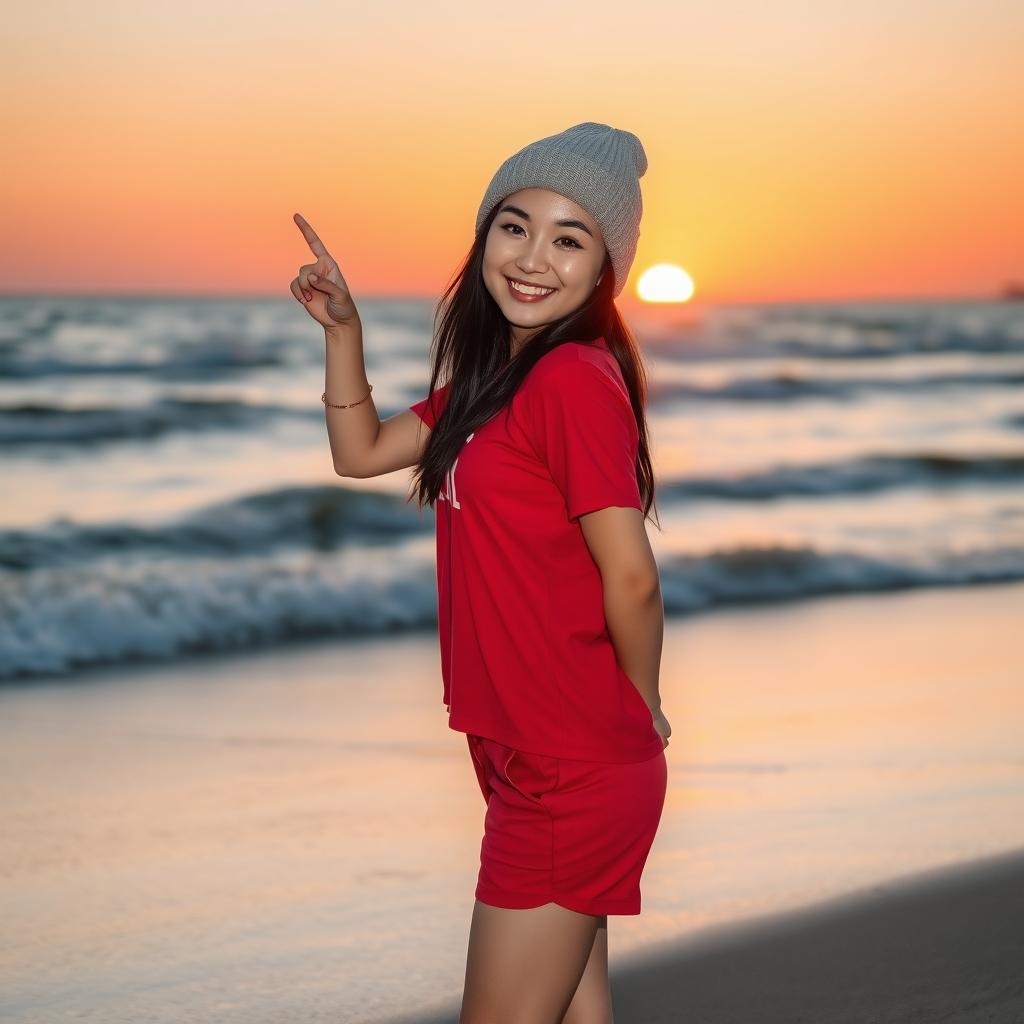 A beautiful young Asian woman in a red t-shirt and shorts, wearing a beanie, standing in a full-body pose at the beach during sunset