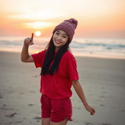 A beautiful young Asian woman in a red t-shirt and shorts, wearing a beanie, standing in a full-body pose at the beach during sunset