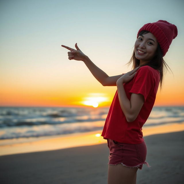 A beautiful young Asian woman in a red t-shirt and shorts, wearing a beanie, standing in a full-body pose at the beach during sunset