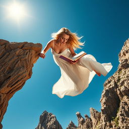 A stunningly beautiful blonde woman with flowing hair, dressed in a flowing white dress, gracefully plummeting off a dramatic cliff edge over jagged rocks below