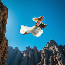 A stunningly beautiful blonde woman with flowing hair, dressed in a flowing white dress, gracefully plummeting off a dramatic cliff edge over jagged rocks below