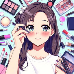 A beautiful anime girl in the center applying makeup to her face, with vibrant colors and a charming expression