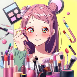 A beautiful anime girl in the center applying makeup to her face, with vibrant colors and a charming expression