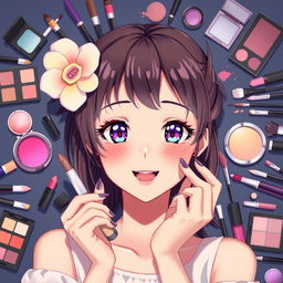 A beautiful anime girl in the center applying makeup to her face, with vibrant colors and a charming expression