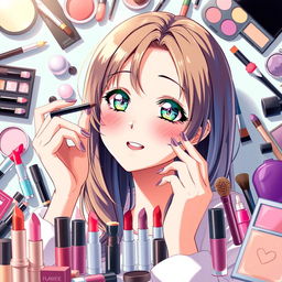A beautiful anime girl in the center applying makeup to her face, with vibrant colors and a charming expression