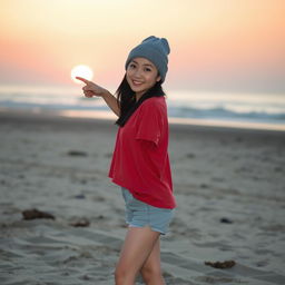 A beautiful young Asian woman standing full body on a beach during sunset, wearing a red t-shirt, shorts, and a beanie