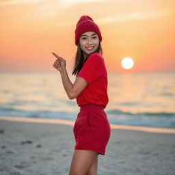 A beautiful young Asian woman standing full body on a beach during sunset, wearing a red t-shirt, shorts, and a beanie