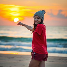 A beautiful young Asian woman standing full body on a beach during sunset, wearing a red t-shirt, shorts, and a beanie