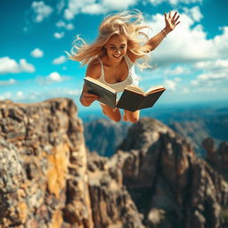 A beautiful blonde woman with flowing hair, gracefully plummeting off a high cliff towards jagged rocks below