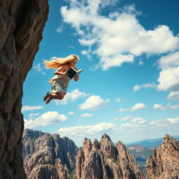 A beautiful blonde woman with flowing hair, gracefully plummeting off a high cliff towards jagged rocks below