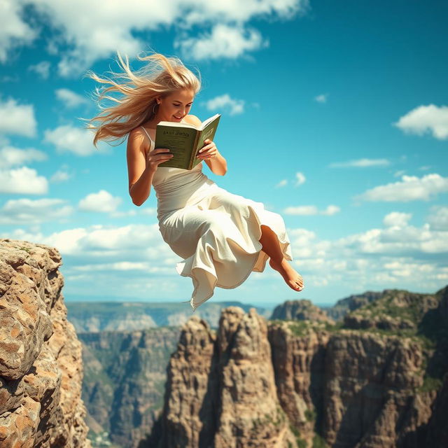 A beautiful blonde woman with flowing hair, gracefully plummeting off a high cliff towards jagged rocks below