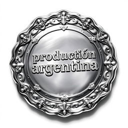 A detailed illustration of a silver seal, ornate and elegant, featuring the inscription "producción argentina" engraved prominently on its surface