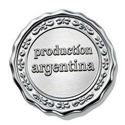 A detailed illustration of a silver seal, ornate and elegant, featuring the inscription "producción argentina" engraved prominently on its surface