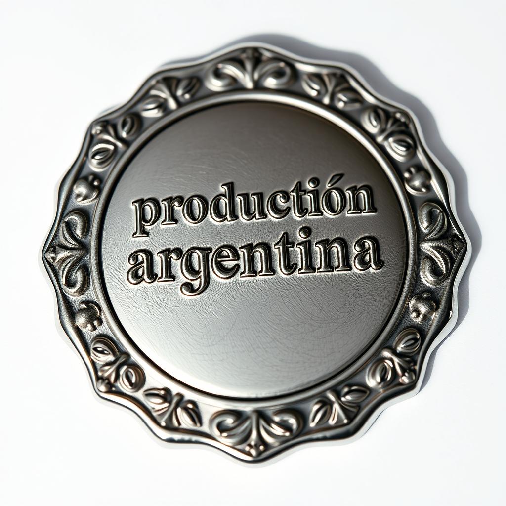 A detailed illustration of a silver seal, ornate and elegant, featuring the inscription "producción argentina" engraved prominently on its surface