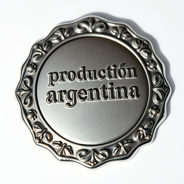 A detailed illustration of a silver seal, ornate and elegant, featuring the inscription "producción argentina" engraved prominently on its surface